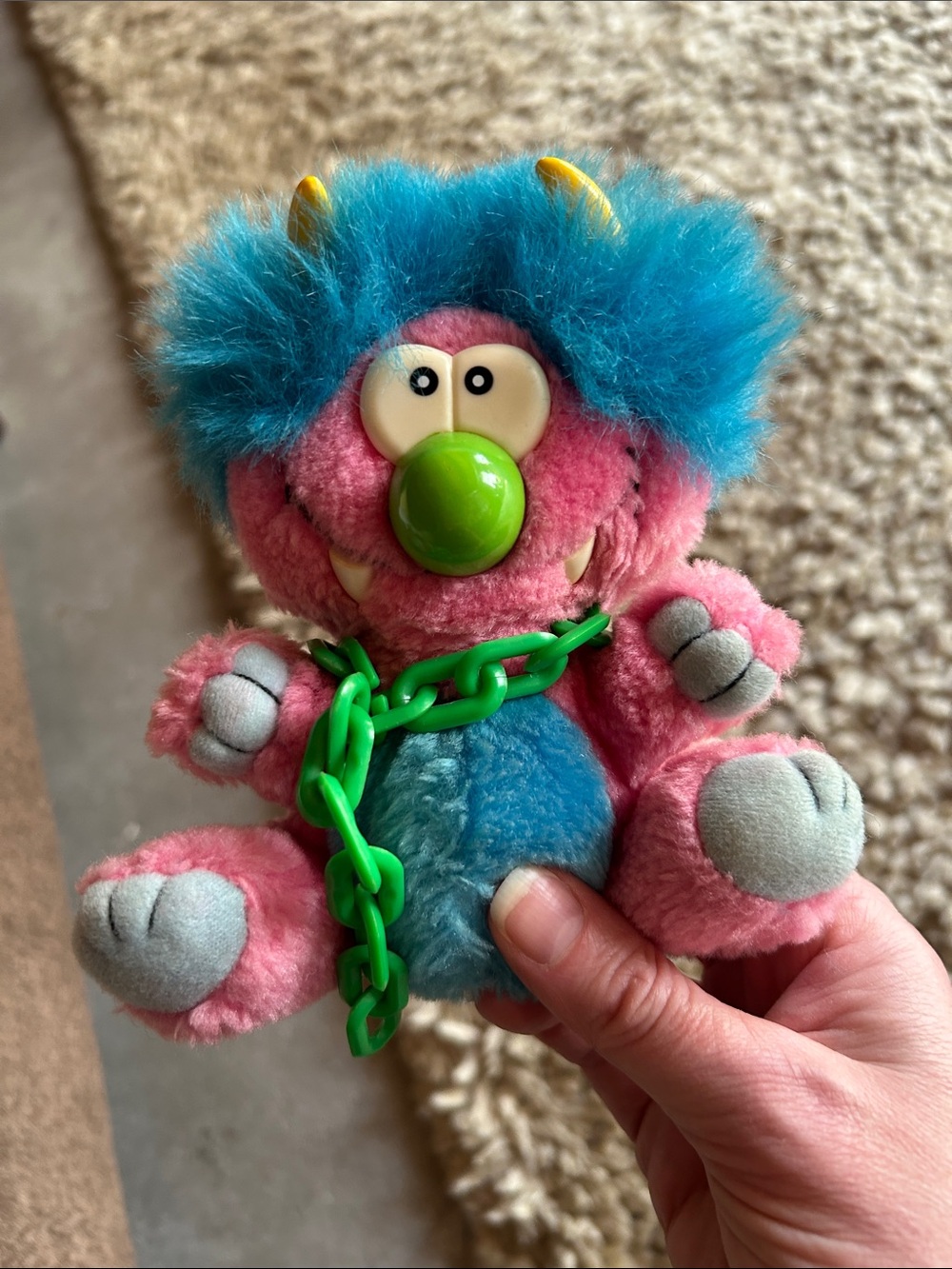 Plush Pink & Blue Monster Toy with Green Nose and Chain
